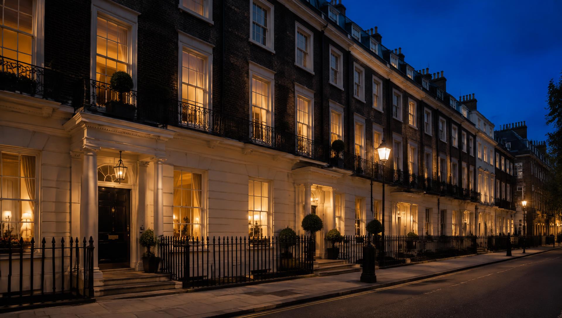 Georgian townhouses at dusk